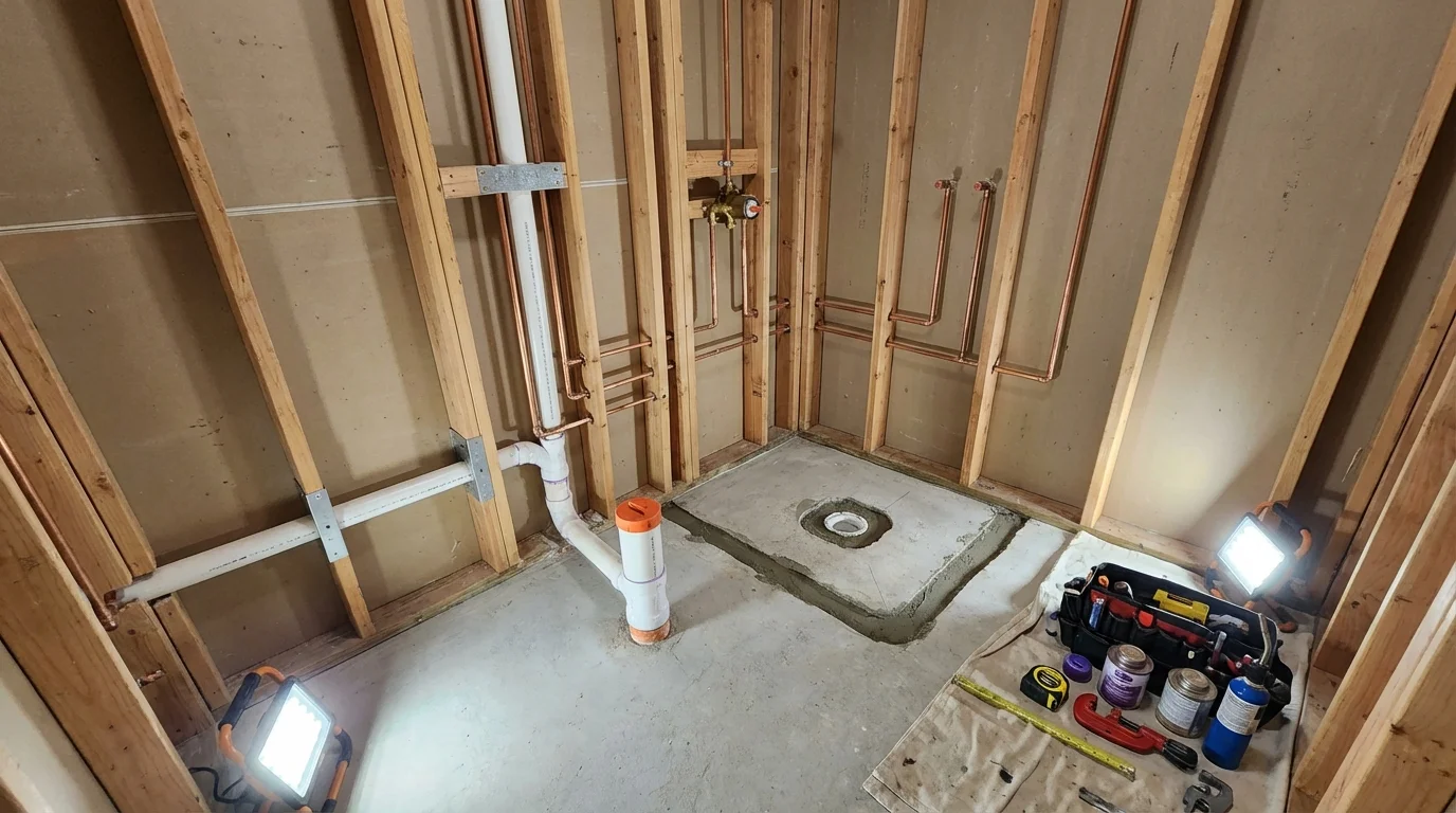 Bathroom rough-in plumbing during remodel by Johns Plumbing LLC in Gadsden