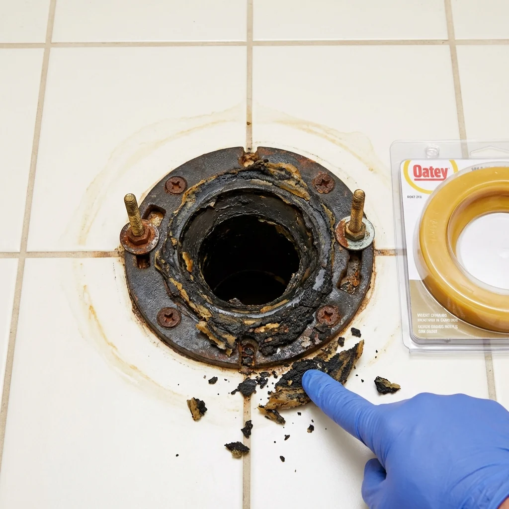 Failed wax ring showing water seepage at the base of a toilet in a Gadsden, SC home