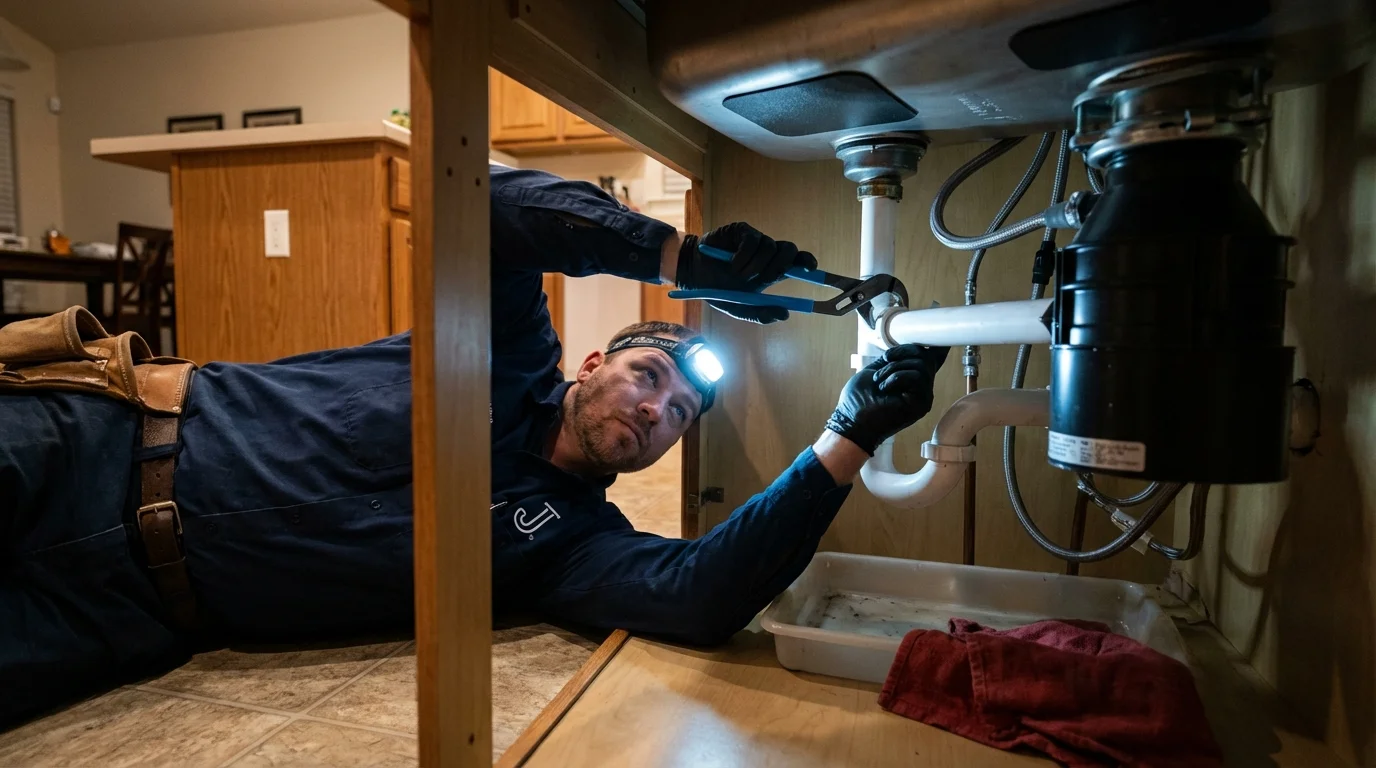 P-trap and supply line connections under a kitchen sink showing a common leak point in Gadsden, SC